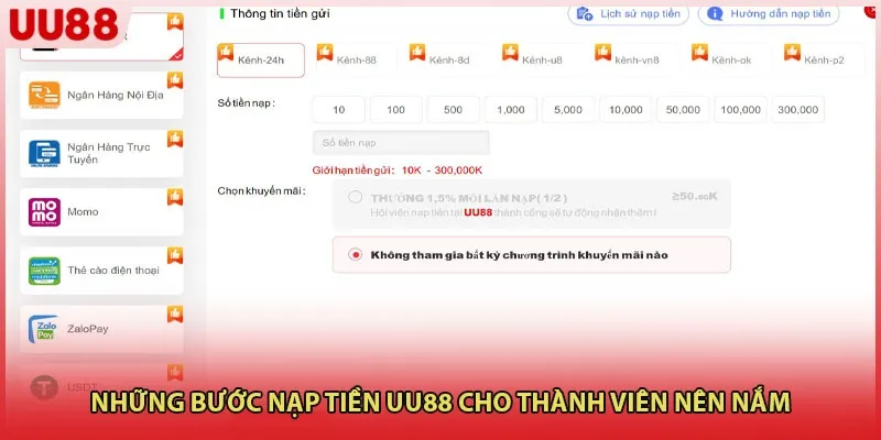 Những bước nạp tiền UU88 cho thành viên nên nắm